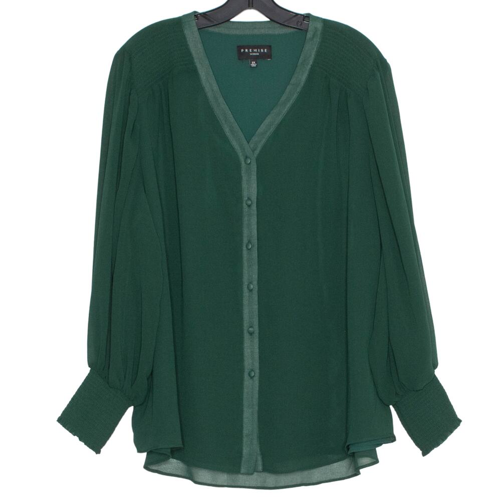 Flowy Boho Peasant Top Button Front Bishop Sleeve Green Plus Size 2X Cottagecore